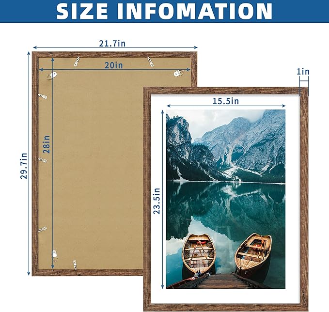 20x28 Picture Frame Set of 2, Rustic Black Wood Style - Display 16x24 Picture with Mat or 20 x 28 Poster without Mat, Wall Mounting Horizontal and Vertical