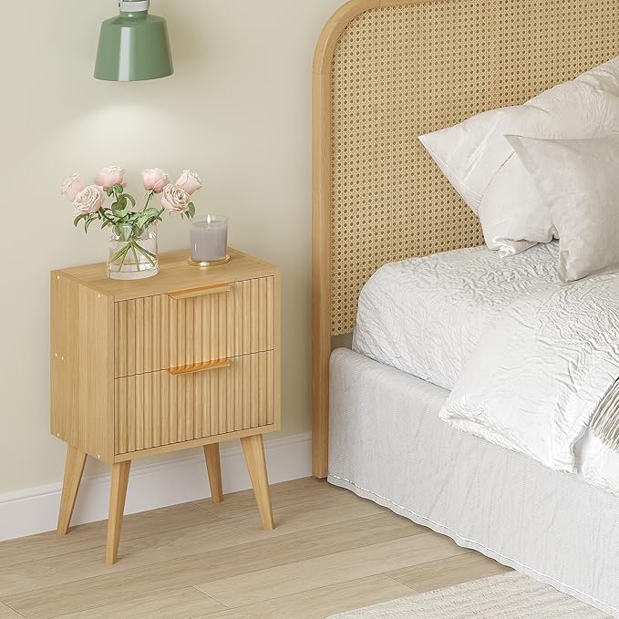 Fluted Nightstand with 2 Drawers,Modern Bedside Table with Metal Handles,White Side Table with Solid Wood Legs,Mid Century End Table for Living Room,Bedroom,Natural CTG55Y
