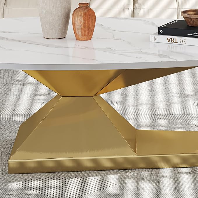 Modern Oval Sintered Stone Coffee Table, 51.2" White and Gold Rectangle Coffee Table with Faux Marble Top & Golden Geometric Stainless Steel Base, Rectangle Tea Center Table for Living Room