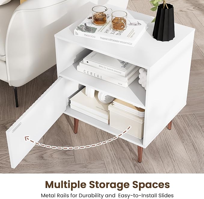 White Night Stand Set 2,Modern Bedside Table with Door and Open Storage,Fluted Nightstand and Wood End Side Table with Rose Gold Metal Legs and Handles for Bedroom,Living Room,White