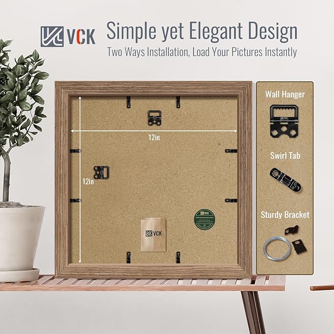 VCK 12x12 Picture Frame 5 Pack - Walnut, High-End Wood Poster Frames with Tempered Glass, Display 8x8 Photo with Mat or 12x12 without Mat, Art Gallery-Quality, Wall Hanging, Walnut
