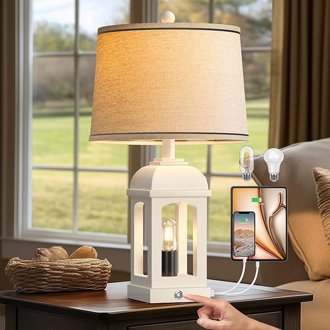 QiMH Table Lamp for Living Room, Farmhouse Lamps with USB A+C and Nightlight, 26" Rustic Bedside Lamps with 3-Way Dimmable Touch Control, Nightstand Lamp for Bedroom, White, 1 Pack