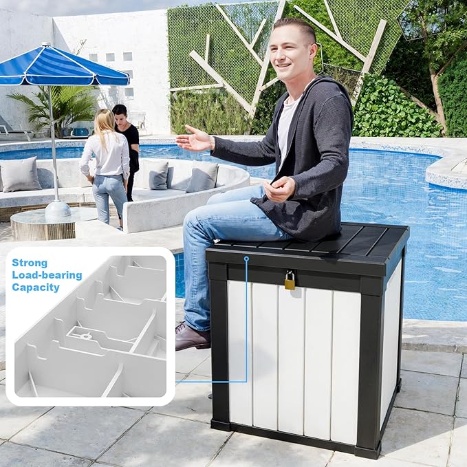ROJIK Outdoor Storage Housing Deck Box - Waterproof Patio Furniture, Garden Tools, Cushions, Pool Accessories Storage Bench with Lockable Lid and Side Handles (Black & Whiter, 50 Gal)