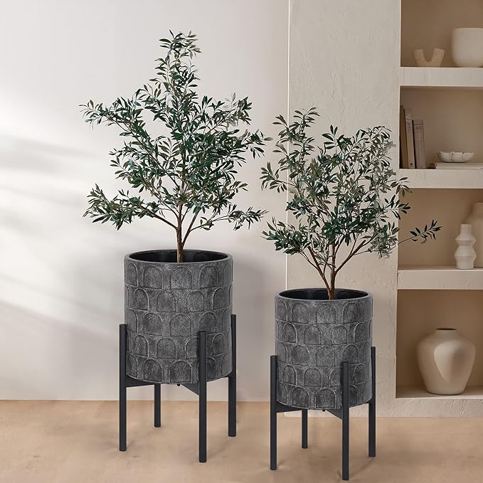 Oakrain Planters for Indoor Plants, Set of 2 Modern Planter with Stand, Decorative Metal Planter Pots for Living Room, Office, Garden, Balcony, 8"&10", Paint Black