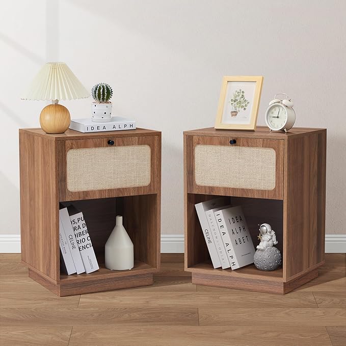 AVZEAR Mid Century Night Stand with Drawer, Farmhouse End Table with Storage & Curved Linen Panel, Modern Nightstands Bedside Table Small Side Tables for Small Space, Bedroom(Walnut)