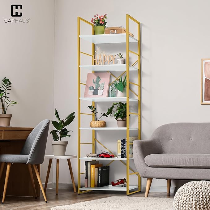 CAPHAUS 6 Tier Bookshelf, 24 Inch Width Free Standing Shelf, Bookcase Shelf Storage Organizer, Industrial Book Shelves for Home Office, Living Room, Kitchen, White Wooden Shelves & Gold Frame