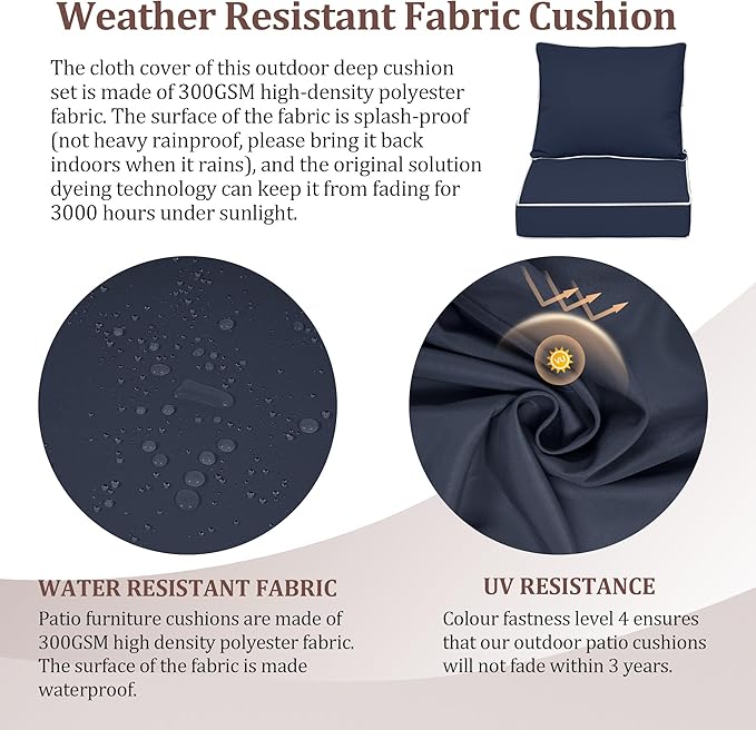 Waterproof Outdoor Chair Cushion Set of 4, 24x24x5 IN Deep Seat Patio Cushions with Fade Resistant Removable Cover,Outdoor Cushions for Patio Furniture with Ties&Handle for Chair Sofa Couch,Navy+Pipes