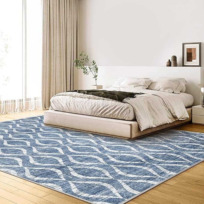 WITSHOCK 9x12 Area Rugs: Washable Non-Slip Soft Geometric Boho Print Pattern Large Thin Indoor Rug for Living Room Bedroom Dining Room, Carpet for Nursery Playroom Decor, Kid & Pet Friendly, Blue