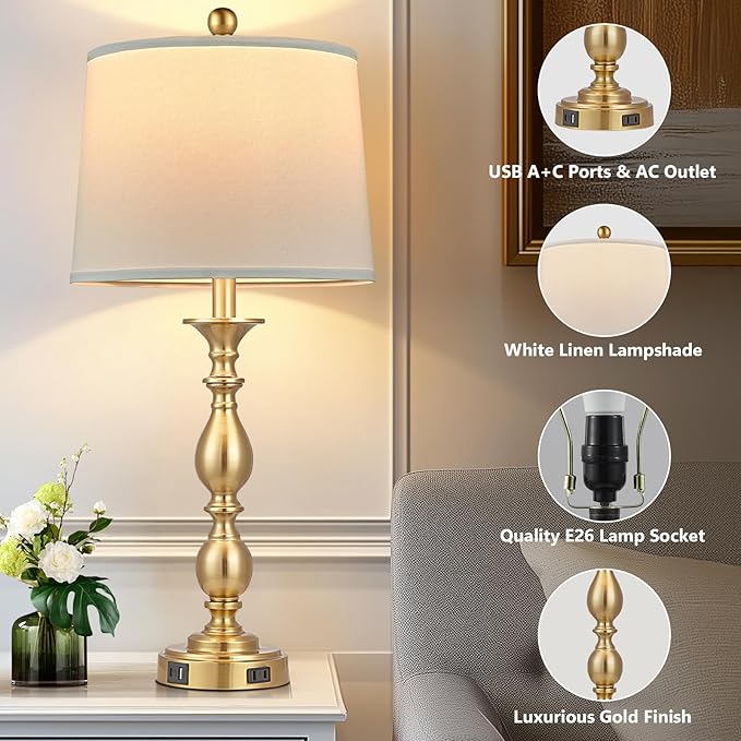 28" Tall Modern Table Lamps Set of 2 with USB C+A Ports and AC Outlet, 3 Way Touch Metal Bedside Lamps for Living Room, Gold Farmhouse Nightstand Lamps for Bedroom