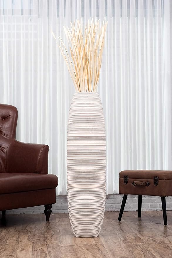 Leewadee Large White Wash Home Decor Floor Vase – Wooden 41 inches Tall Farmhouse Decor Flower Holder for Fake Plant and Pampas Grass
