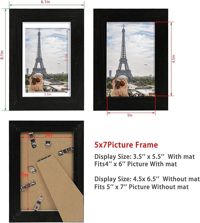 5x7 Picture Frame Set of 2, Made of Real Glass and Rustic Black Wooden Frame - Display Pictures 4x6 with Mat or 5x7 Without Mat, 5 by 7 Photo Frame for Wall or Tabletop Display