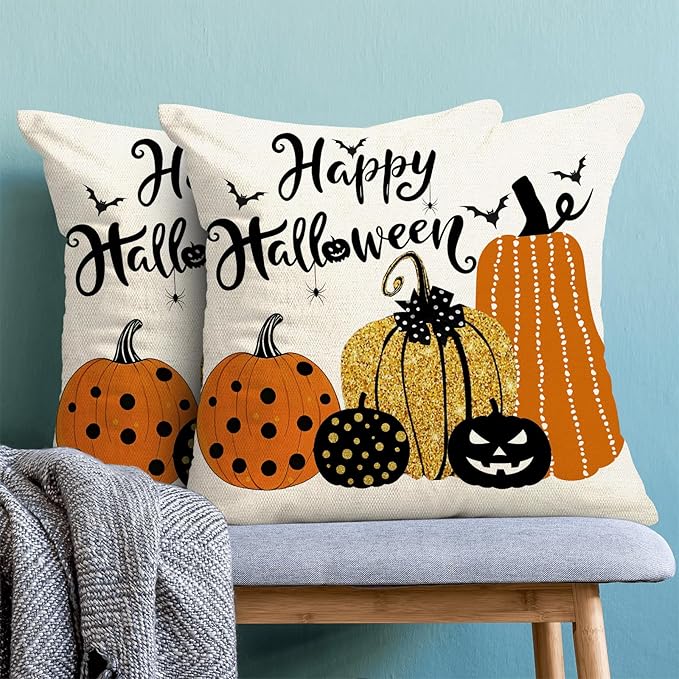 Halloween Pillow Covers 18x18 inches Set of 2 Orange Black Pumpkin Decorative Farmhouse Throw Pillow Covers Outdoor Autumn Halloween Decoration Pillowcase Farmhouse Cushion Case for Couch Sofa
