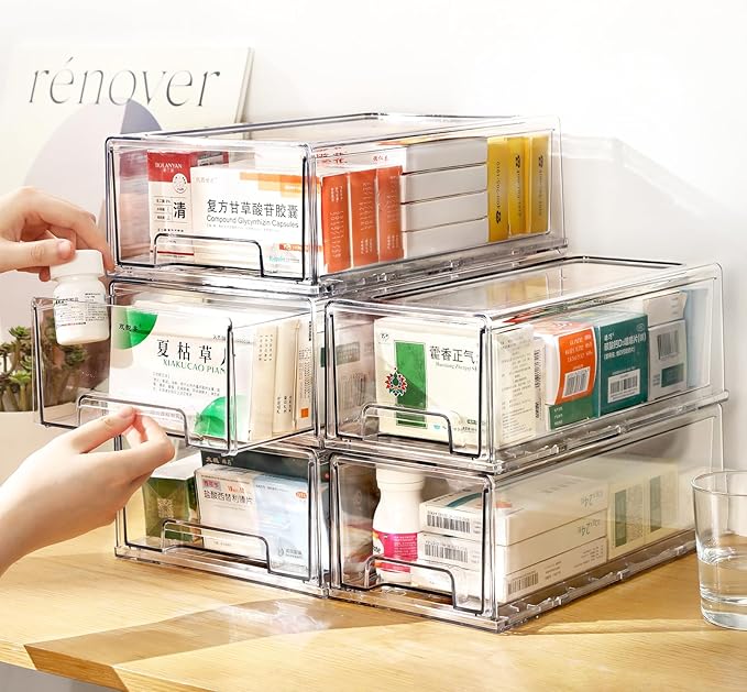 clear Drawer-Type Plastic Storage Box Bins Organizer，Family First Aid Kits Medicine cabinet Box Organizer,Closet ，Shelf，Ointments, Adhesive Bandages，Cosmetics,Office Items (clear, 4L)