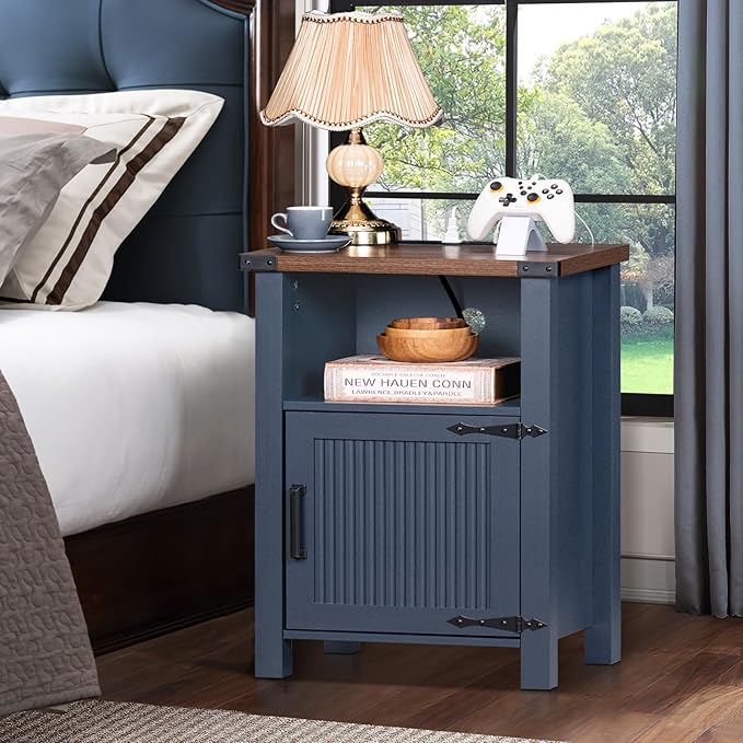 Night Stand with Charging Station and USB Port, 18 Inch Farmhouse Nightstand with Storage Shelf, Rustic Couch End Table with Magnetic Door, Wood Bed Side Tables for Bedroom, Home, Nayv Blue