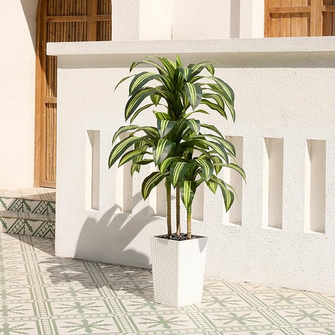 Artificial Dracaena Tree 5ft – UV Resistant Tall Fake Plant with Large Taper Planter & Pebbles– Large Potted Faux Tree for Indoor & Outdoor, Living Room, Office, Porch, Home Decor, VN127