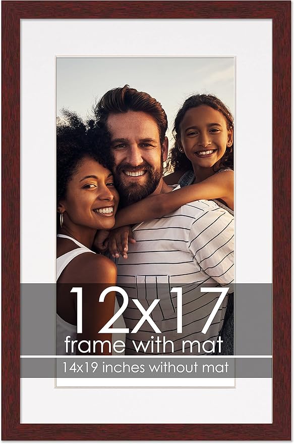 12x17 Frame with Mat - Brown 14x19 Frame Wood Made to Display Print or Poster Measuring 12 x 17 Inches with White Photo Mat