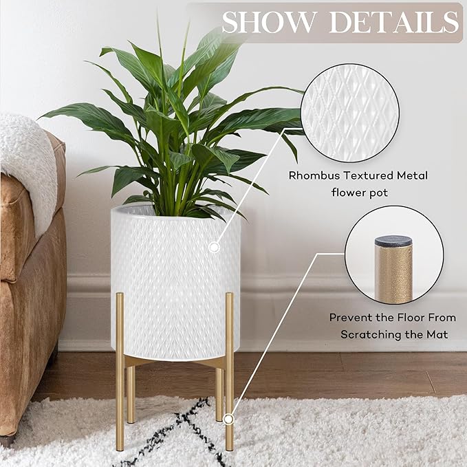 Oakrain Mid Century Planters for Indoor Plants, Set of 2, Modern Decorative Metal Planters for Living Room, Office, Garden or Balcony, White Planters with Stands, 10 inch & 12 inch