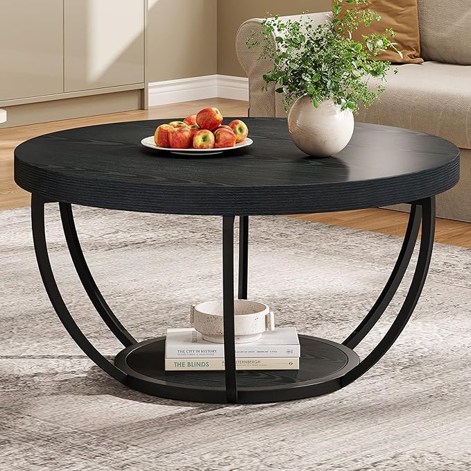 Tribesigns Black Round Coffee Table, 31.7" Modern 2-Tier Circle Coffee Table with Storage Shelves, Accent Cocktail Table Center Table for Living Room