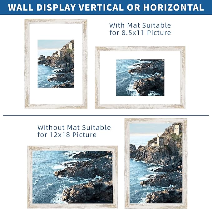 12x18 Frame Set of 2, Distressed White Wood Style, Display 12 x 18 Poster without Mat or 8.5x11 Picture with Mat, Wall Mounting Horizontal and Vertical