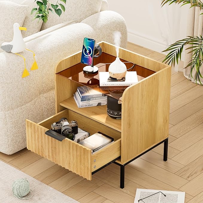 Nightstand Set of 2 with Charging Station, Mid Century Modern Night Stand, Fluted Bedside Table with Glass Top & Metal Legs, Wood End Table for Bedroom, Living Room (Natural)