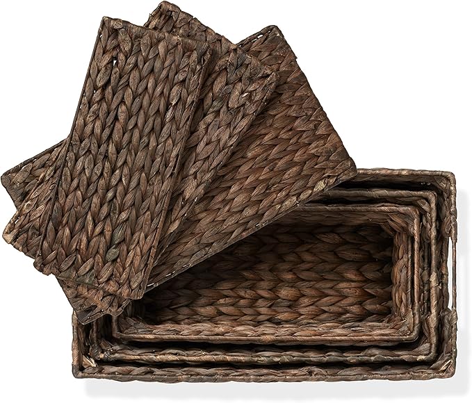 Casafield Set of 3 Water Hyacinth Storage Baskets with Lids, Espresso - Small, Medium, Large Woven Nesting Bins for Bathroom, Bedroom, Closets, Shelves