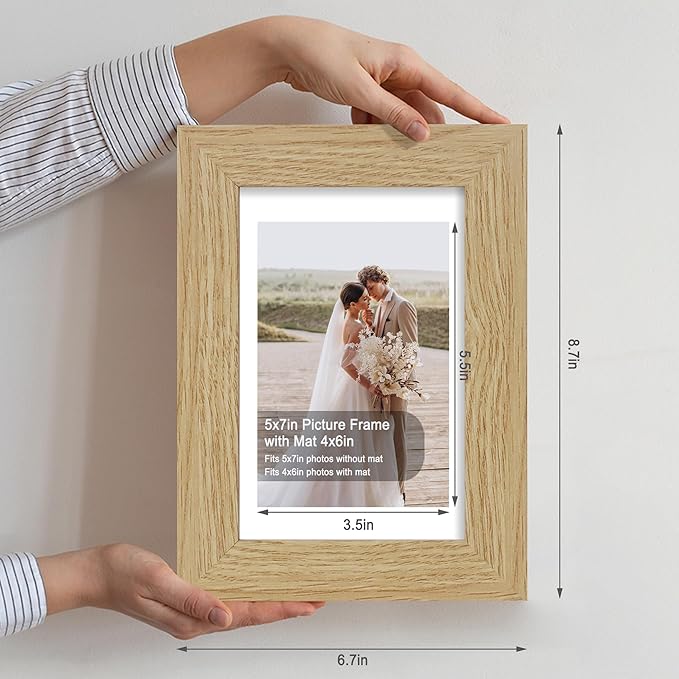 5x7 Picture Frame Set of 2, Made of Real Glass and Natural Oak Wooden Frame - Display Pictures 4x6 with Mat or 5x7 Without Mat, 5 by 7 Photo Frame for Wall or Tabletop Display