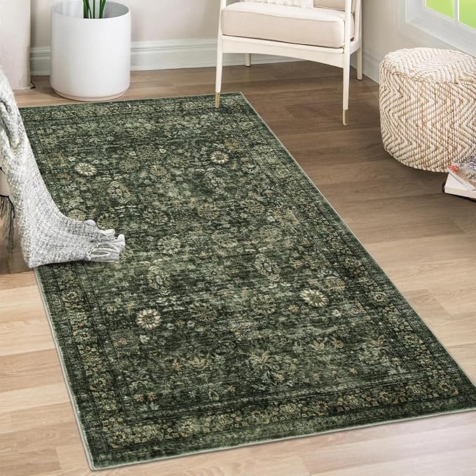 Morebes Vintage Throw Rugs, 3x5 Washable Rug Non Slip, Soft Area Rug for Bedroom,Distressed Non-Shedding Floral Rug for Entryway Bathroom Kitchen Foyer Bedside Playroom,Dark Green