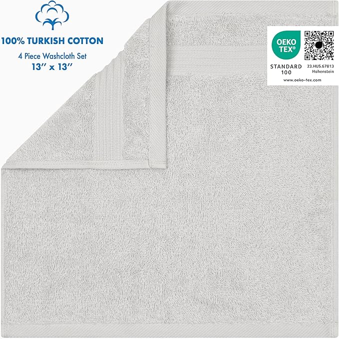 Cotton Paradise 100% Cotton Turkish Washcloth Set for Bathroom, 4 Piece Soft Absorbent Small Hand Face Towels Wash Rags, Silver Grey