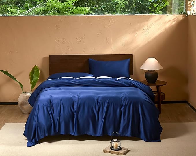 EVERLY Full Sheets Set,Luxuriously 400 Thread Count Organic Viscose Derived from Bamboo Bed Sheet,Cooling Sheets for Full Size 4 Piece Deep Pockets Bedding Sheets &Pillowcases-Navy Blue