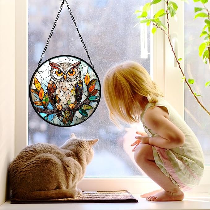 Stained Glass Window Hanging, Owl Colorful Leaves Birds Sun Catchers Diamond Glass Panel Hangings Suncatcher Decor for Birthday for Women, Men, Wife, Aunt, and Mom 6.3 in