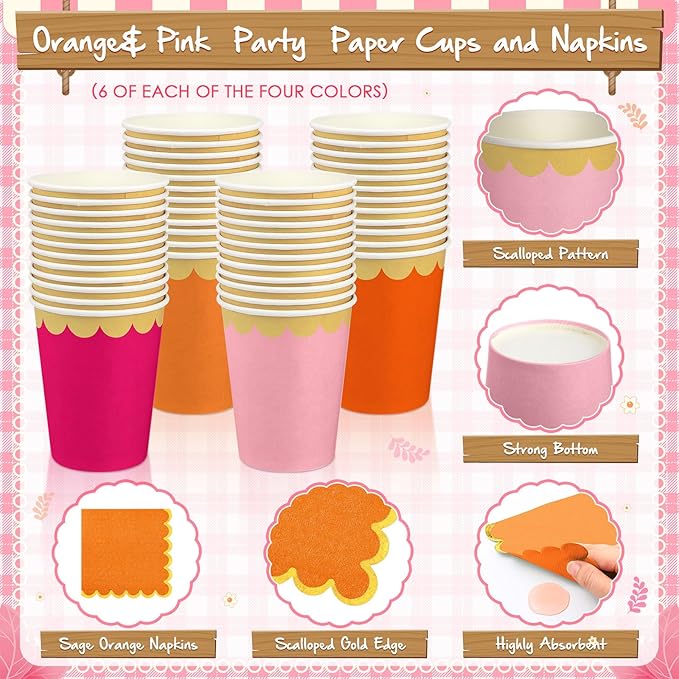 169 Pcs Pink and Orange Plates and Napkins Party Supplies for Guests Hot Pink Orange Tableware Include Scalloped Plates Paper Napkin Cup Spoon Fork Knife for Baby Shower, Wedding, Birthday