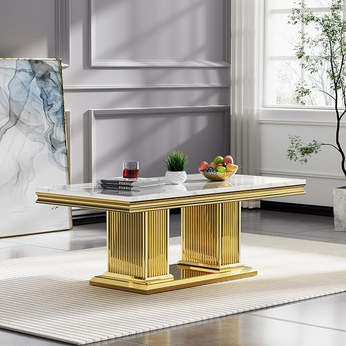 SSLine Rectangular Faux Marble Coffee Table for Living Room Modern Luxury White Marble Center Table with Gold Pedestal Base 46.8" Mid-Century Cocktail Table with Mirrored Stainless Steel Frame