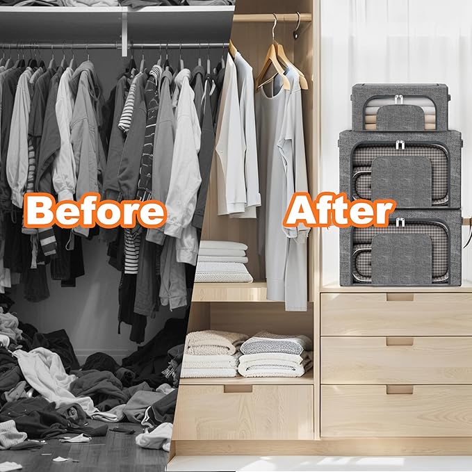 22L Stackable Clothes Storage Bins with Metal Frame, 4 Piece Stackable Clothes Organizer with Double Opening + Clear Window Design for Cabinets, Under Beds, Storage and Garage Gray
