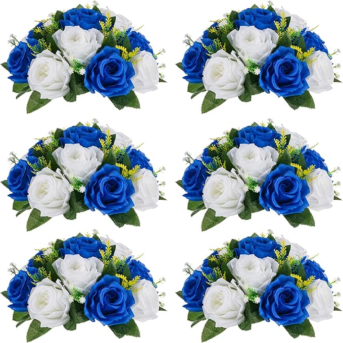 NUPTIO Flower Balls for Wedding Centerpieces - 6 Pcs 9.5 inch Diameter Fake Flower Ball Arrangement Bouquet Party Centerpieces for Tables - Royal Blue Rose Bouquet Centerpiece Flowers for Table