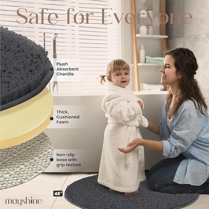 MAYSHINE Round Area Rug Set for Bathroom | Soft Plush Chenille Bath Mat, Water Absorbent Non-Slip Bathroom Rug | Washable Shag Carpet, Bedroom, or Home Décor | 48"x48" (Round) | Charcoal Gray