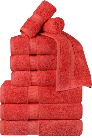BNM Egyptian Cotton Heavyweight Towels, Ideal For Bathroom, Shower, Spa, Hotel, 800 GSM, Face/ Washcloths, Hand Towels, Bath Towels, Highly-Absorbent, Luxury Home Basics, 9 Piece Towel Set, Coral