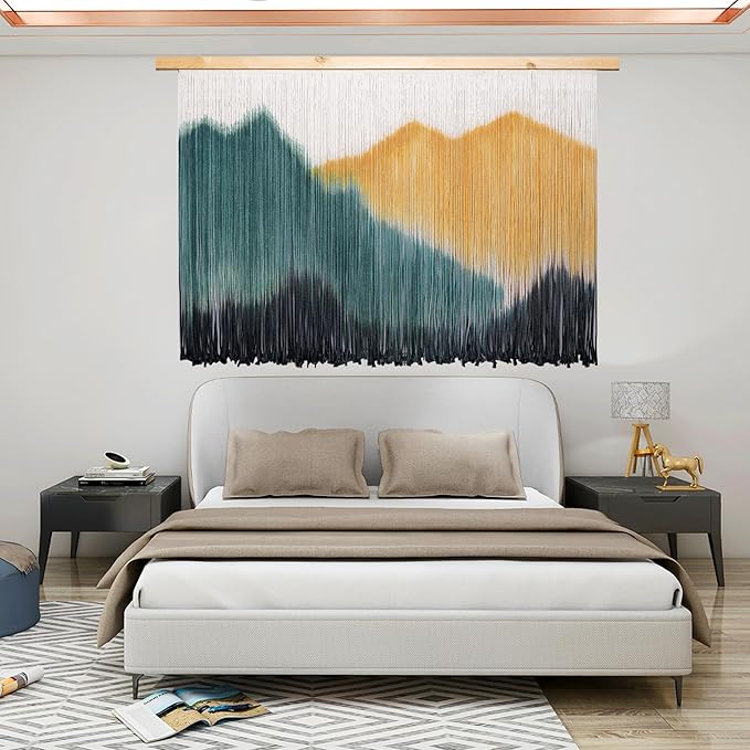 laddawan Extra Large Boho Wall Decor For Bedroom Macrame Wall Hanging Dip-Dyed Tapestry Modern Wooden Home Wall Art For Living room (Yellow)