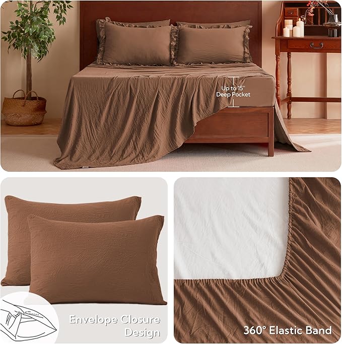 MR&HM Mocha Mousse Ruffle Comforter Set, Twin Comforter Sets for College Dorm,Boho Bed in a Bag Set 5 Pieces with 1 Comforter,1 Flat Sheet, 1 Fitted Sheet,1 Pillowcases & 1 Pillow Shams