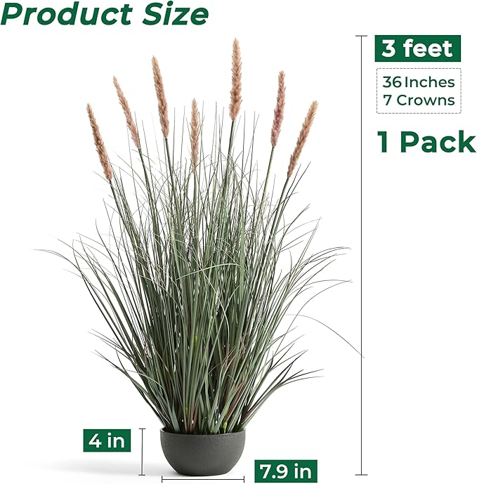 3ft Onion Grass, Artificial Plant and Greenery, Fake Floor Plants Indoor Outdoor, Faux Horsetail Reed Grass with 7 Pink Flower Crowns, Potted, House Decorative