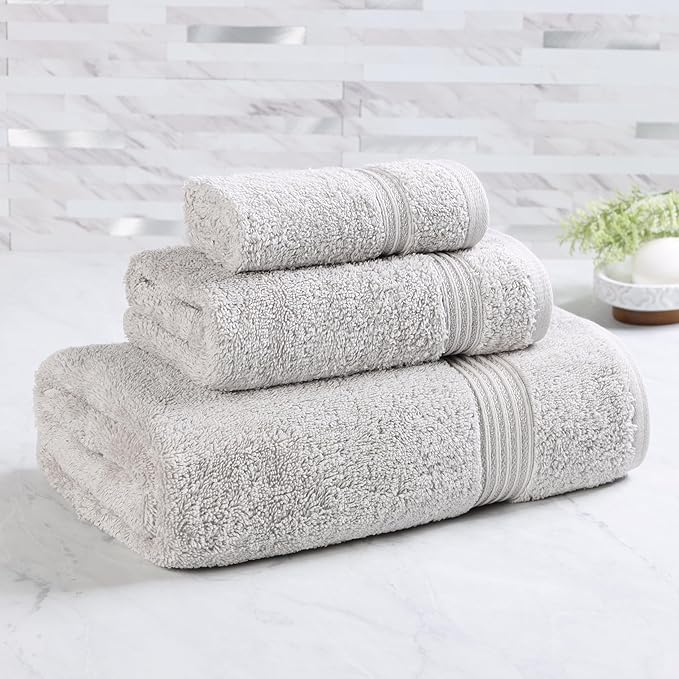 Superior Egyptian Cotton 3-Piece Towel Set, Basic Towels For Bathroom, Home Decor, Guest Bath, Shower, Apartment, Included 1 Face, 1 Hand, 1 Bath Towel, Washcloth, Quick Dry, Silver