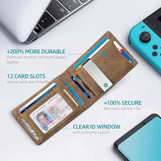 Zitahli Slim Wallet for Men Gifts 12 Card Slots ID Window With Money Clip Minimalist RFID Front Pocket Bifold Leather Small Thin Gift Box Dad Birthday Christmas Regalos Hombres