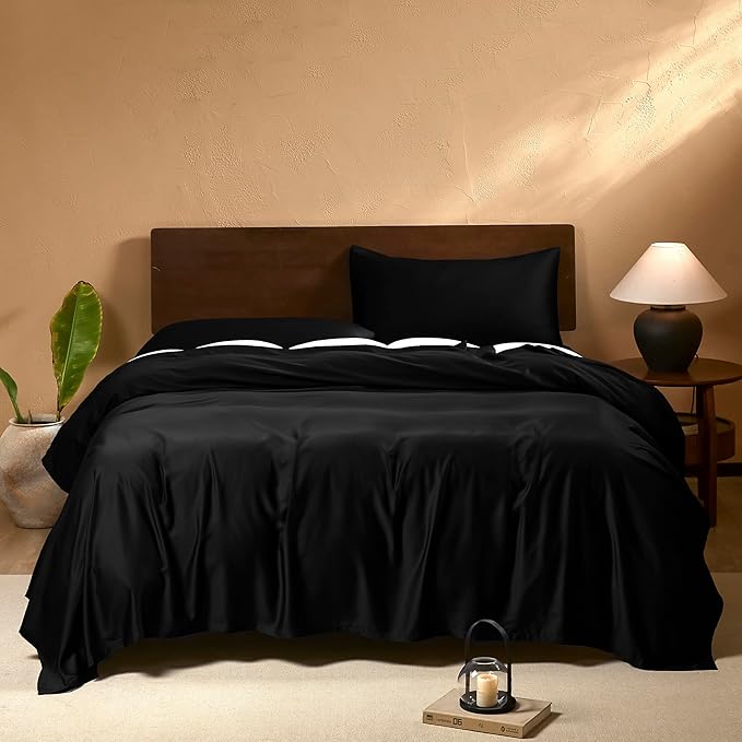 EVERLY King Sheets Set,Luxuriously 400 Thread Count Organic Viscose Derived from Bamboo Bed Sheet,Cooling Sheets for King Size 4 Piece Deep Pockets Bedding Sheets &Pillowcases-Black