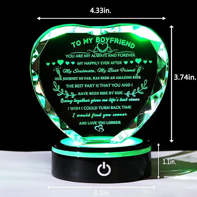 YWHL Gifts for Boyfriend with Colorful LED Base Unique Birthday Gift Ideas from Girlfriend Romantic Heart Crystal Keepsakes to My Anniversary Christmas Valentine Day Clear 4.33*3.74*.1.18