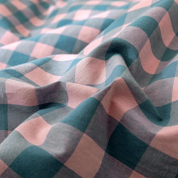 VM VOUGEMARKET 3 Pieces Grid Duvet Cover Set Washed Cotton Pink Purple Blue Plaid Checker Printed Comforter Cover with Zipper Soft Lightweight & Breathable Quilt Cover Set King