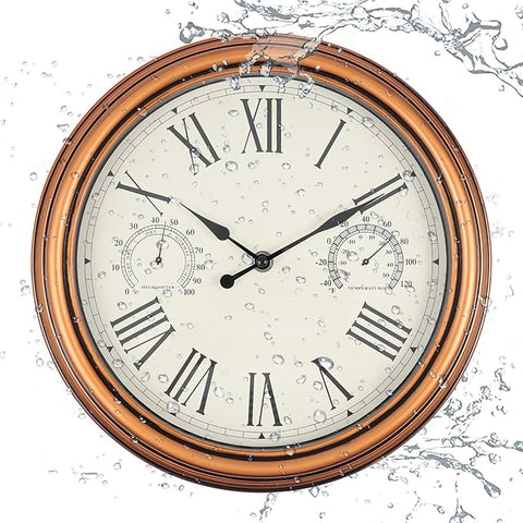 12 inch Outdoor Wall Clock, Plastic Waterproof Wall Clock with Temperature & Humidity for Patio Garden Home