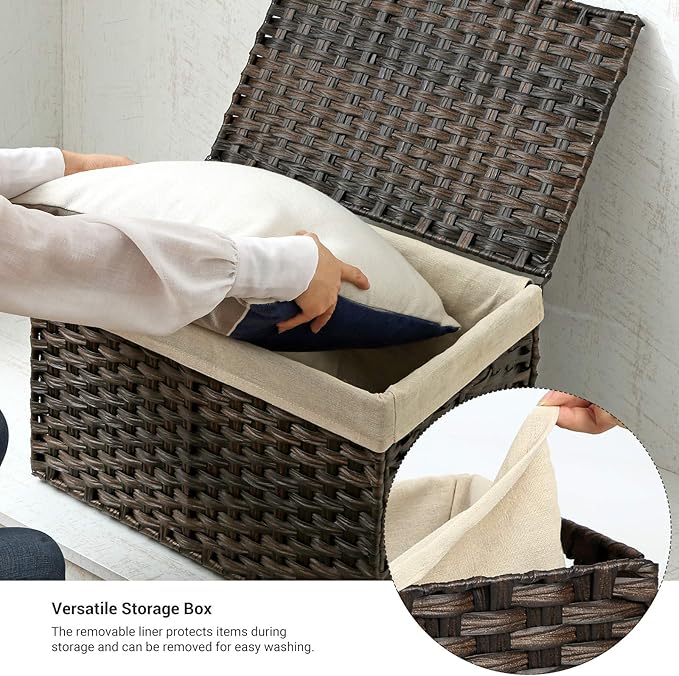 SONGMICS Storage Basket with Lid, 17.2 Gallon (65L) Storage Bin, Woven Blanket Storage Basket with Handles, Foldable, Removable Liner, Metal Frame, for Bedroom, Laundry Room, Brown URST56BR