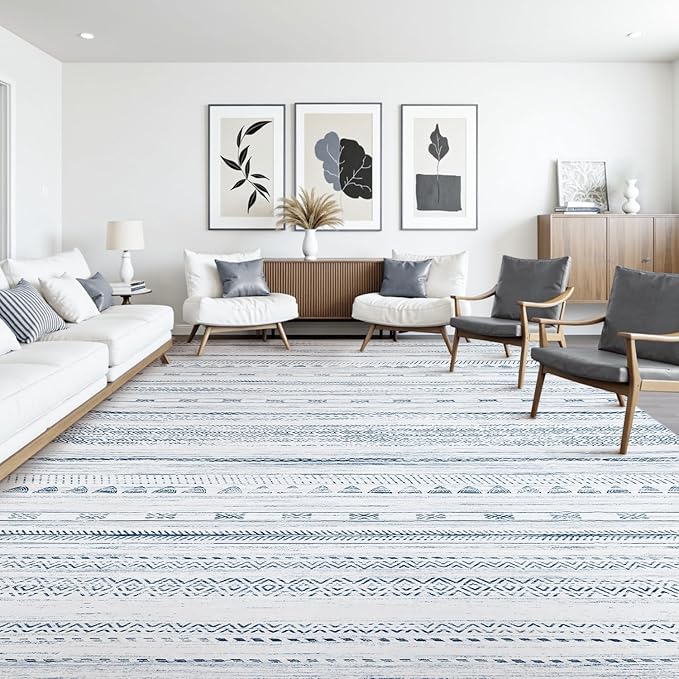 10x14 Area Rugs for Living Room Machine Washable Rug Distressed Indoor Carpet Neutral Moroccan Boho Rug Ultra Soft Area Rug for Bedroom Dining Room Playroom Office, Blue