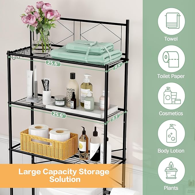 MallBoo Over The Toilet Storage Rack,Metal 3-Tier Over Toilet Organizer Shelf,Freestanding Above Toilet Shelf for Bathroom, Laundry(Black)