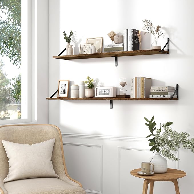 Fun Memories Deep Floating Shelves for Wall, 55W x 8D Wall Mounted Shelves Set of 2, Wide Display Ledge Shelf with Sturdy Metal Brackets for Living Room, Bathroom, Bedroom and Kitchen, Rustic Brown