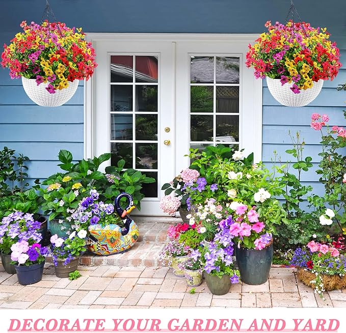 Lyrow 2 Pcs Artificial Hanging Flowers with Fake Basket Outdoor Realistic Hanging Plants with 12 Inch Coconut Lining Basket for Patio Lawn Garden Porch Decor(Bright)